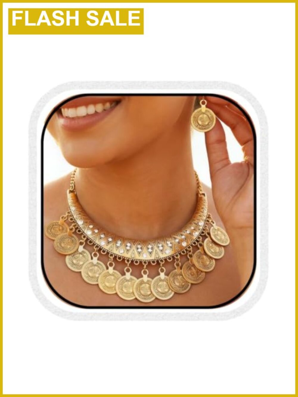 Boho Egyptian Coin Necklace & Earrings Set Gold Costume Jewelry Bridal Gift